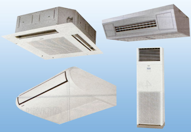 4方向天井カセット形、天井吊形、天吊形厨房用エアコン、床置型（スリム形）のお写真