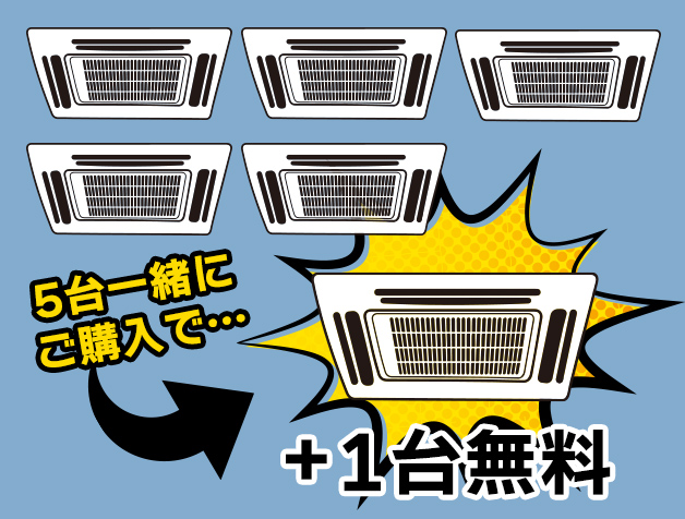 業務用エアコンを五台ご購入で、プラス一台無料！の図